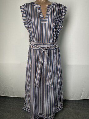 Cartolina Womens Dress Navy/Tan Size M Isodora A-Line Striped V-Neck Midi
